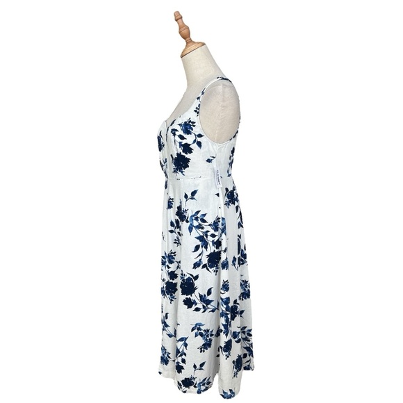Blue and White Floral Fit & Flare Linen Blend Midi Dress Size Small Petite New - Picture 5 of 11